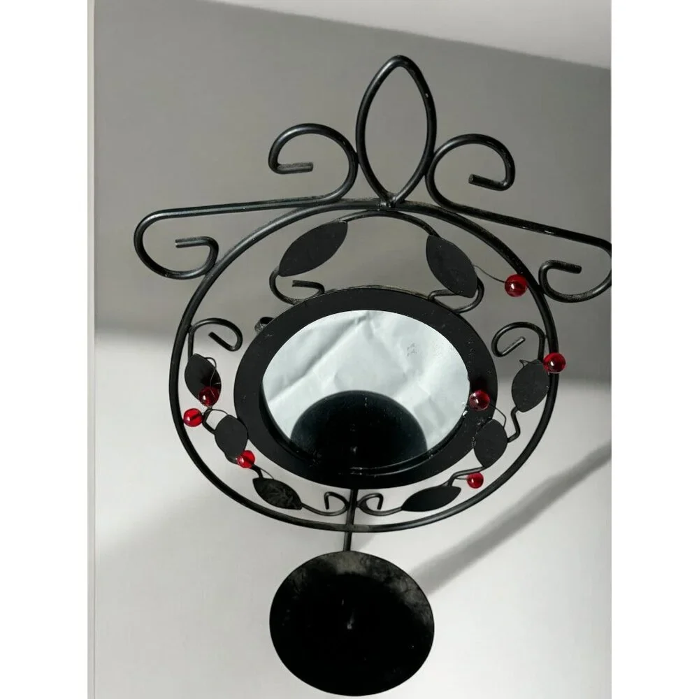 Ornate Black Wrought Iron Wall Sconces With Mirror & Candle Holder Set Of 2